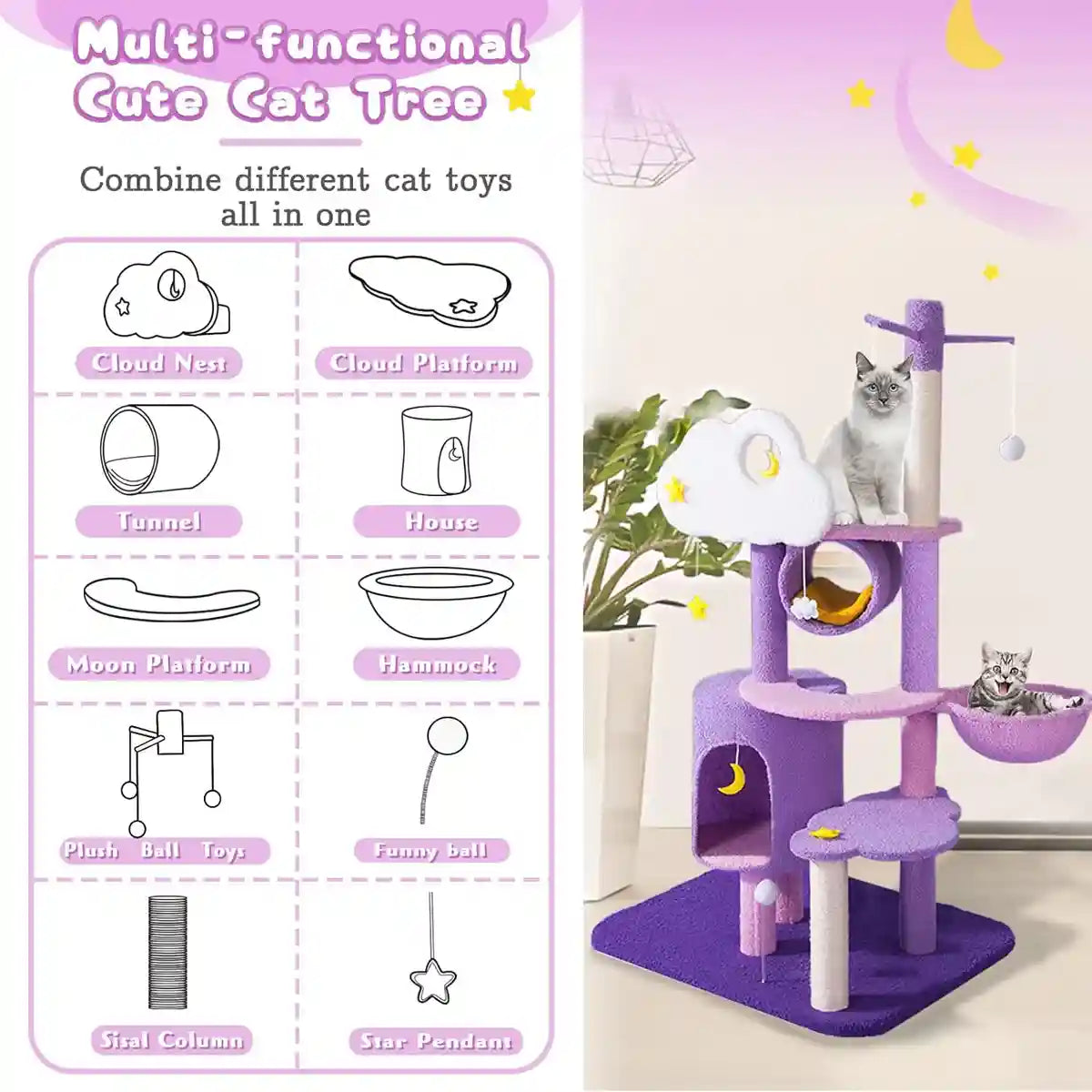 Multilevel Cat Tree Scratching Post with Playhouse and Interactive Toys