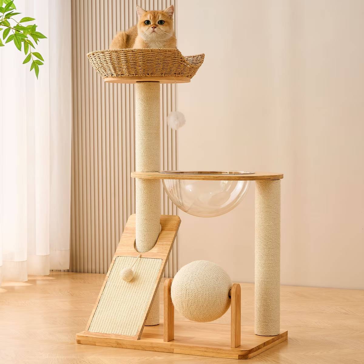 Solid Wood Cat Tree With Sisal Post And Capsule