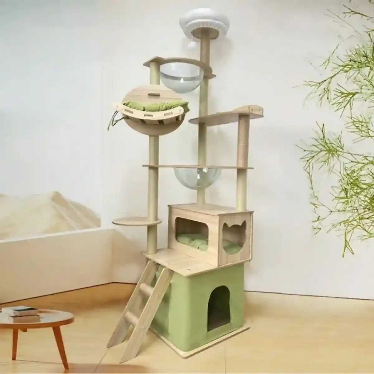 Spacious Wooden Cat Tower for Large Cats with Capsule Beds & Scratching Posts