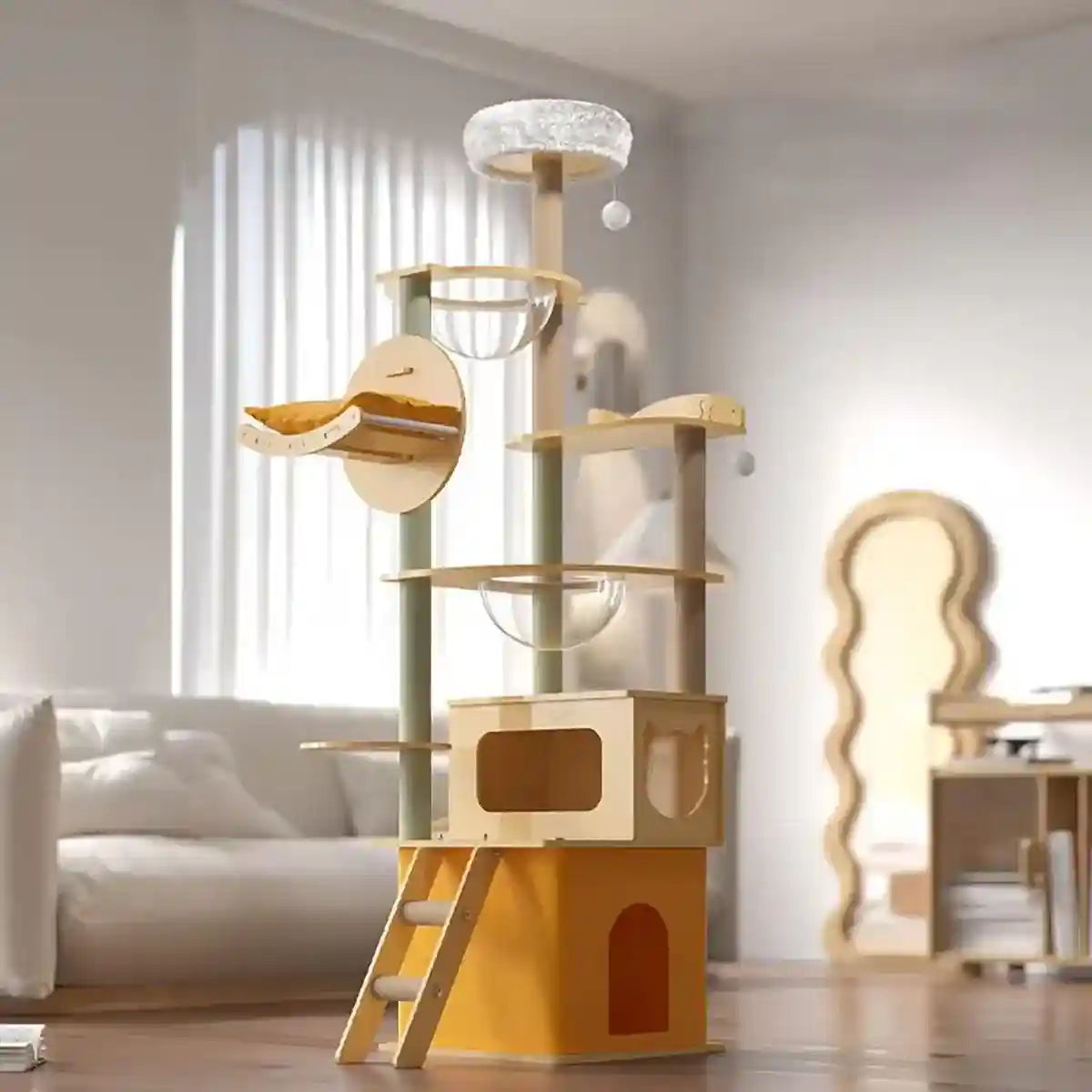 Spacious Wooden Cat Tower for Large Cats with Capsule Beds & Scratching Posts