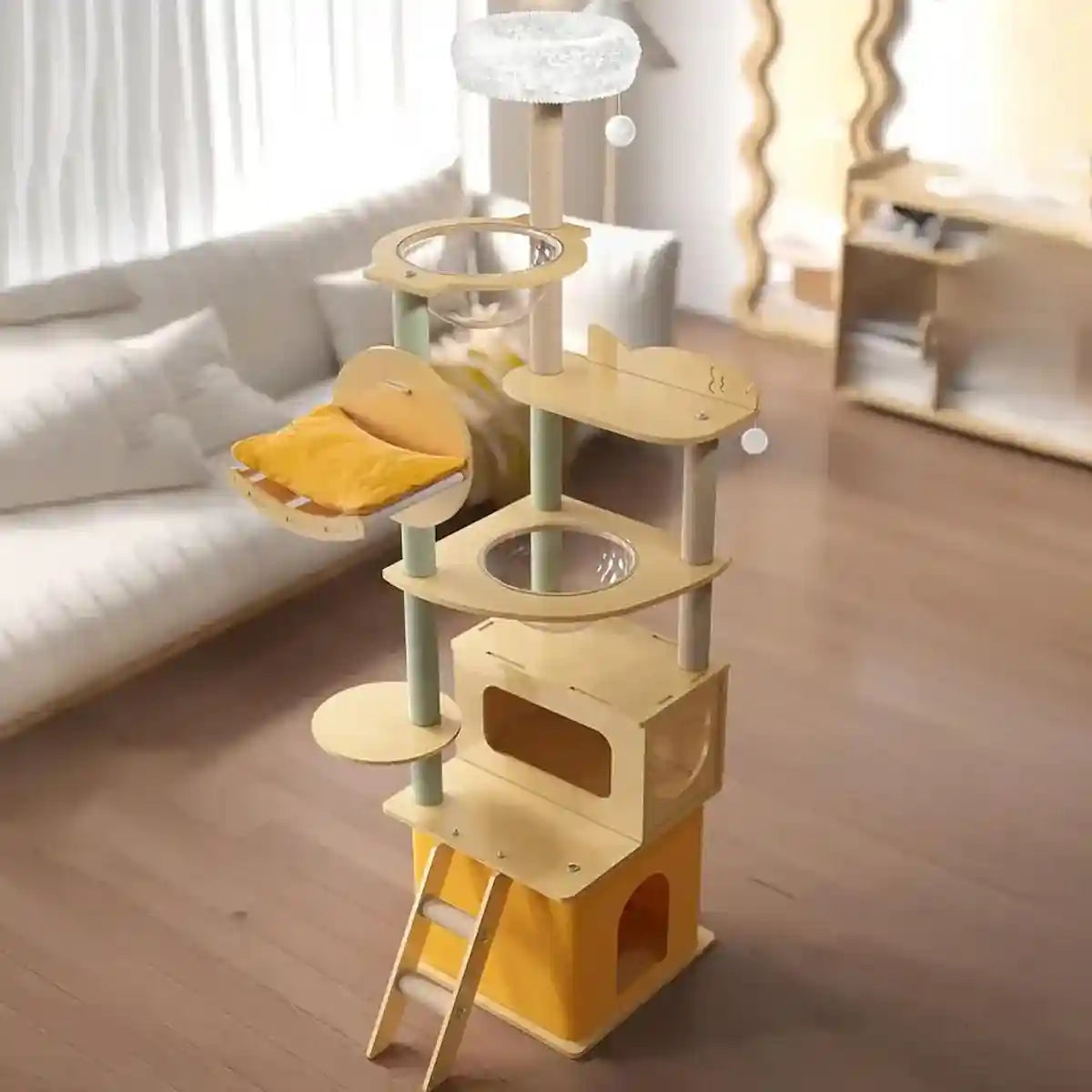 Spacious Wooden Cat Tower for Large Cats with Capsule Beds & Scratching Posts