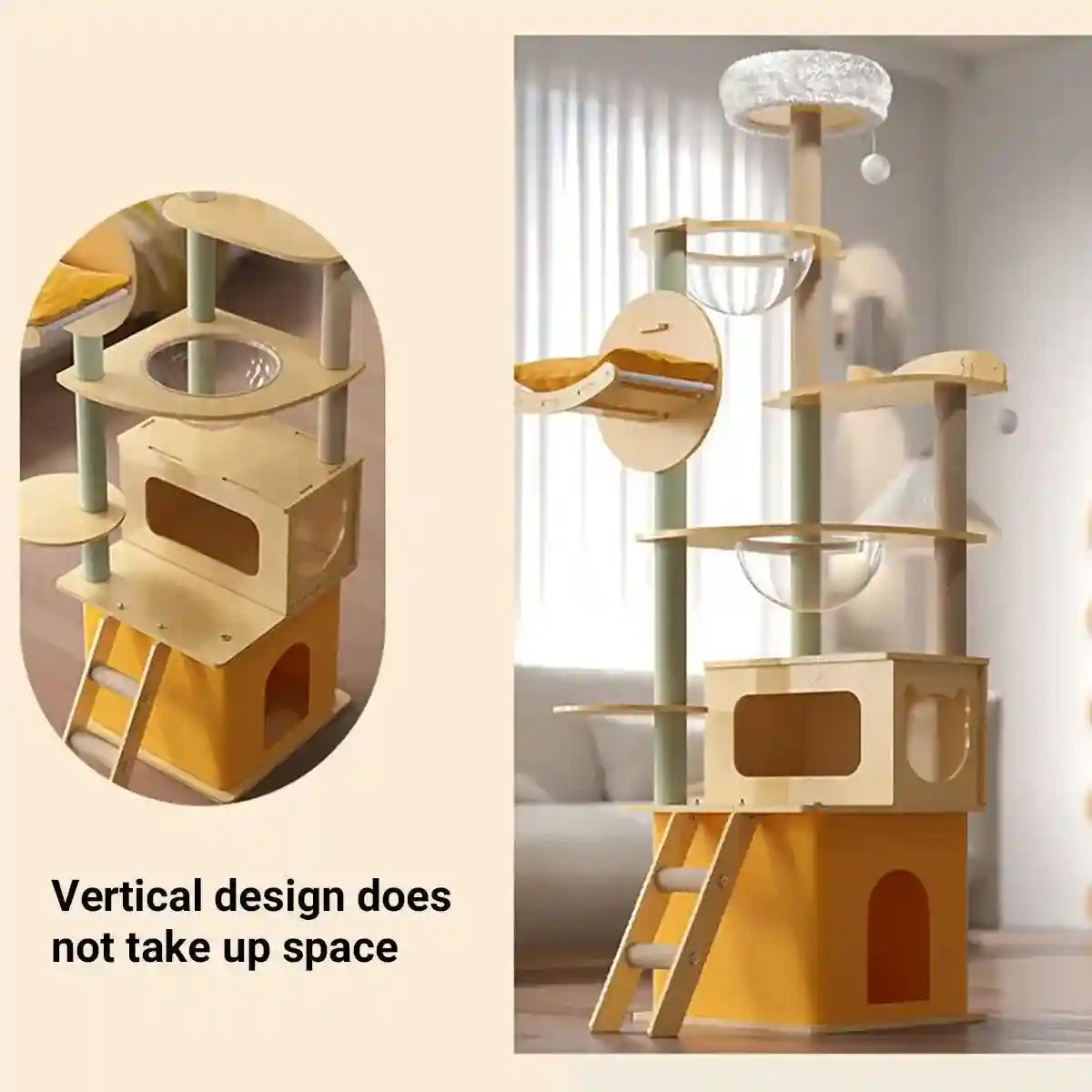 Spacious Wooden Cat Tower for Large Cats with Capsule Beds & Scratching Posts