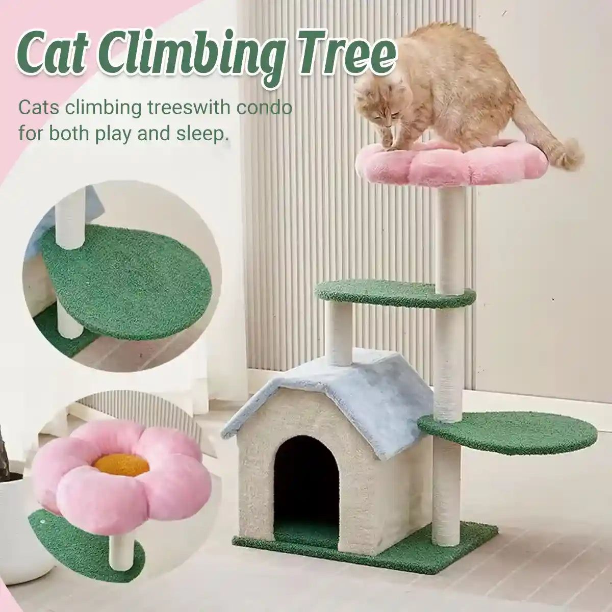 Plush Flower Cat Climbing Tree With Condo Multi-Level Cat Tower