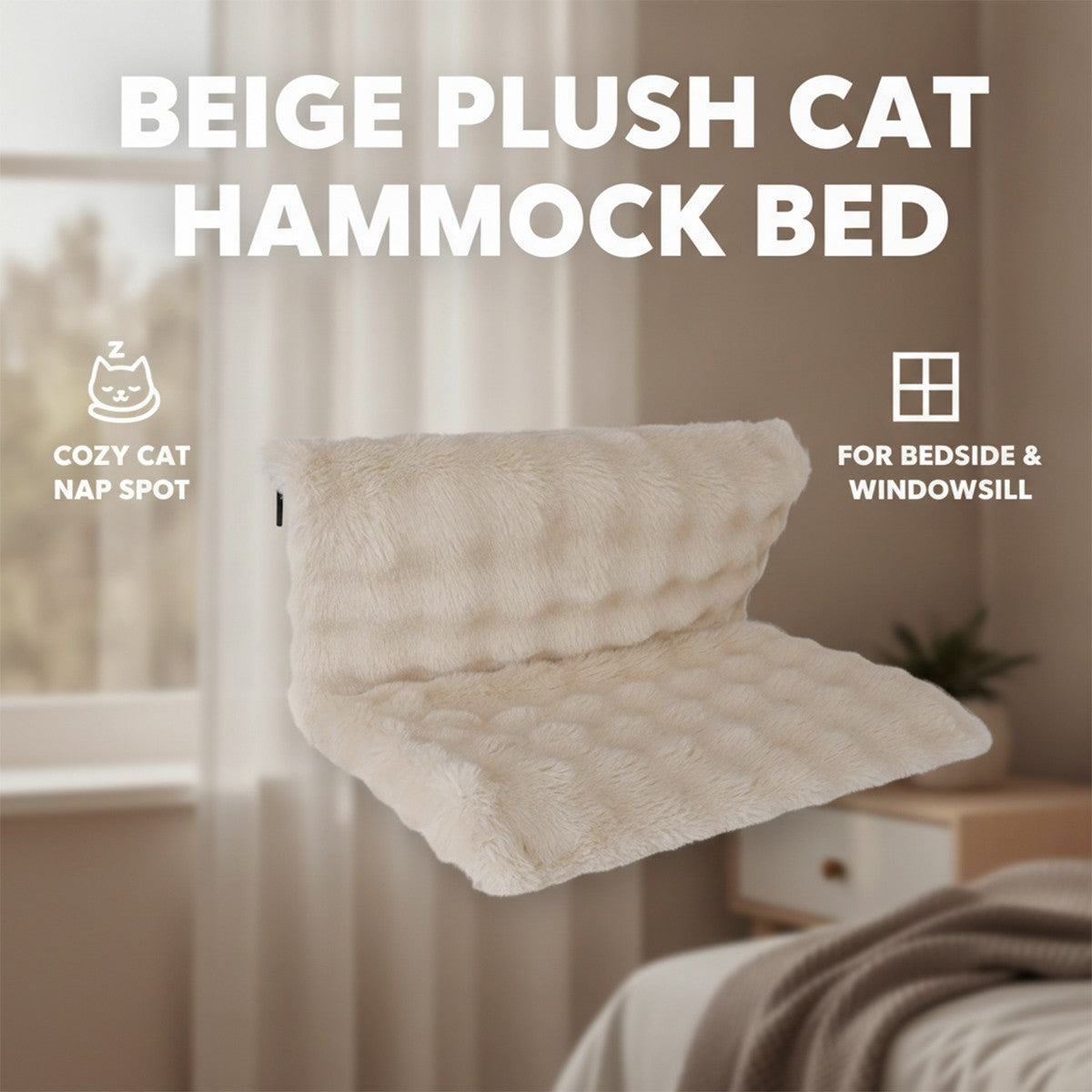 Beige Plush Bedside Cat Hammock with Backrest