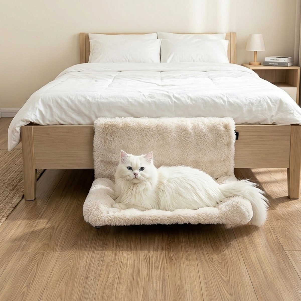 Beige Plush Bedside Cat Hammock with Backrest