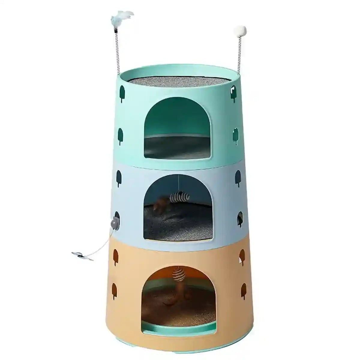 Space-Saving Cat Tower Bed with Scratcher & Toys for Multi-Cat Homes