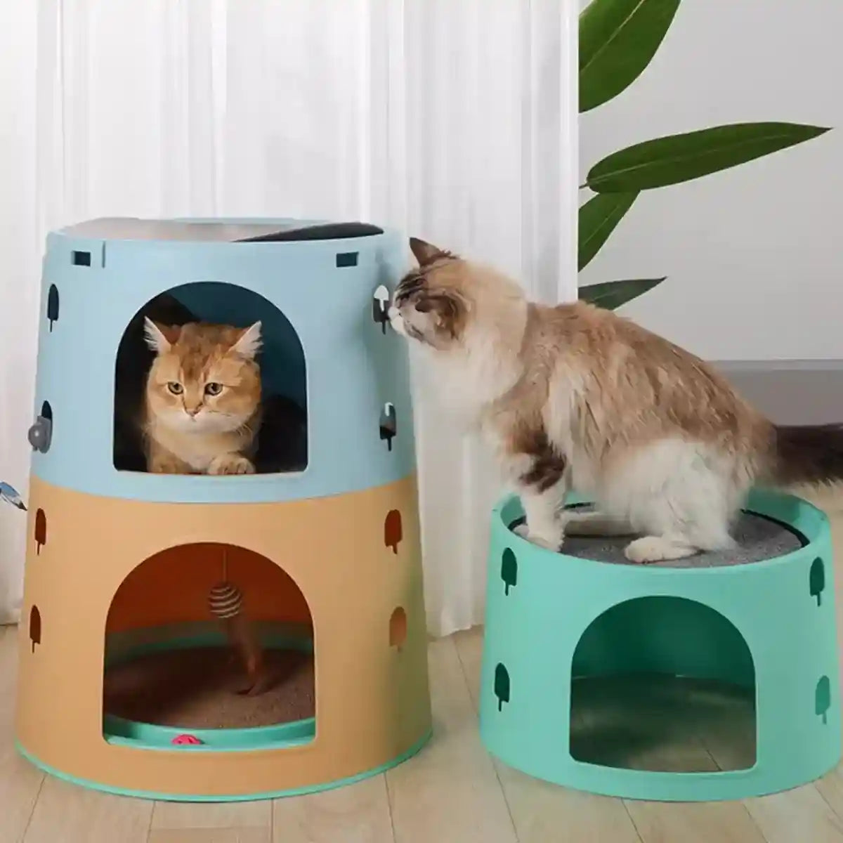 Space-Saving Cat Tower Bed with Scratcher & Toys for Multi-Cat Homes