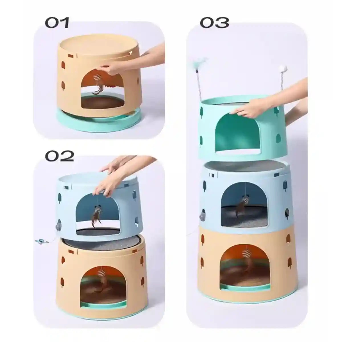 Space-Saving Cat Tower Bed with Scratcher & Toys for Multi-Cat Homes