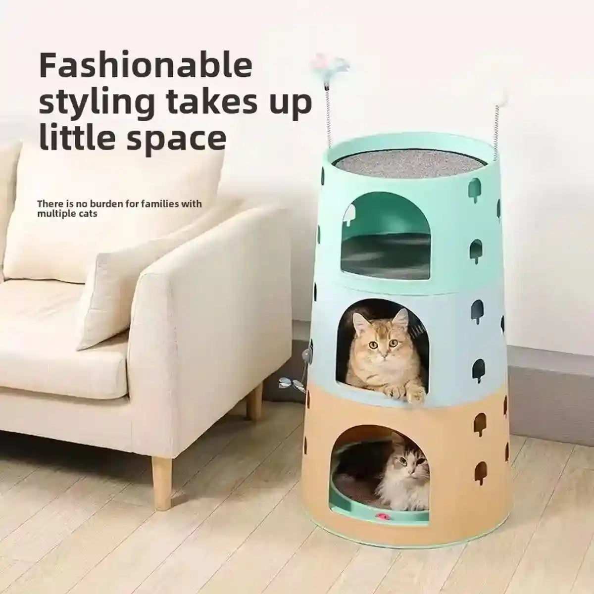 Space-Saving Cat Tower Bed with Scratcher & Toys for Multi-Cat Homes