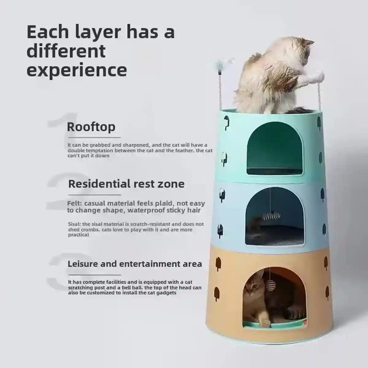 Space-Saving Cat Tower Bed with Scratcher & Toys for Multi-Cat Homes