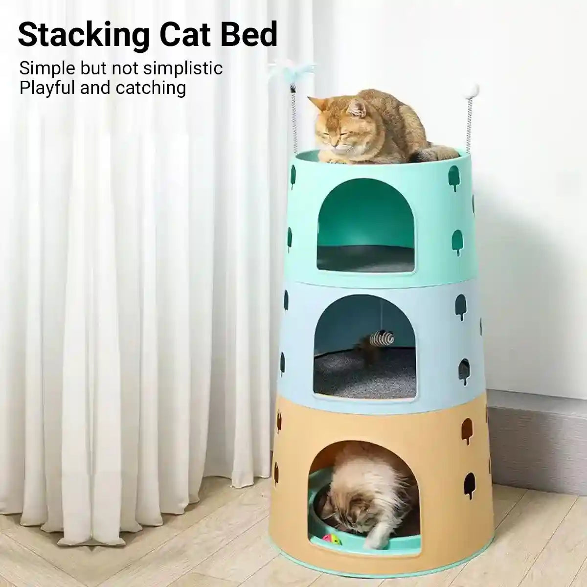 Space-Saving Cat Tower Bed with Scratcher & Toys for Multi-Cat Homes