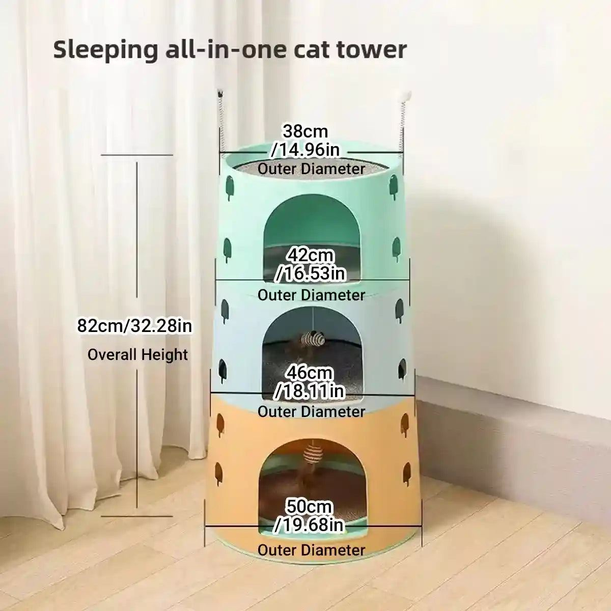 Space-Saving Cat Tower Bed with Scratcher & Toys for Multi-Cat Homes