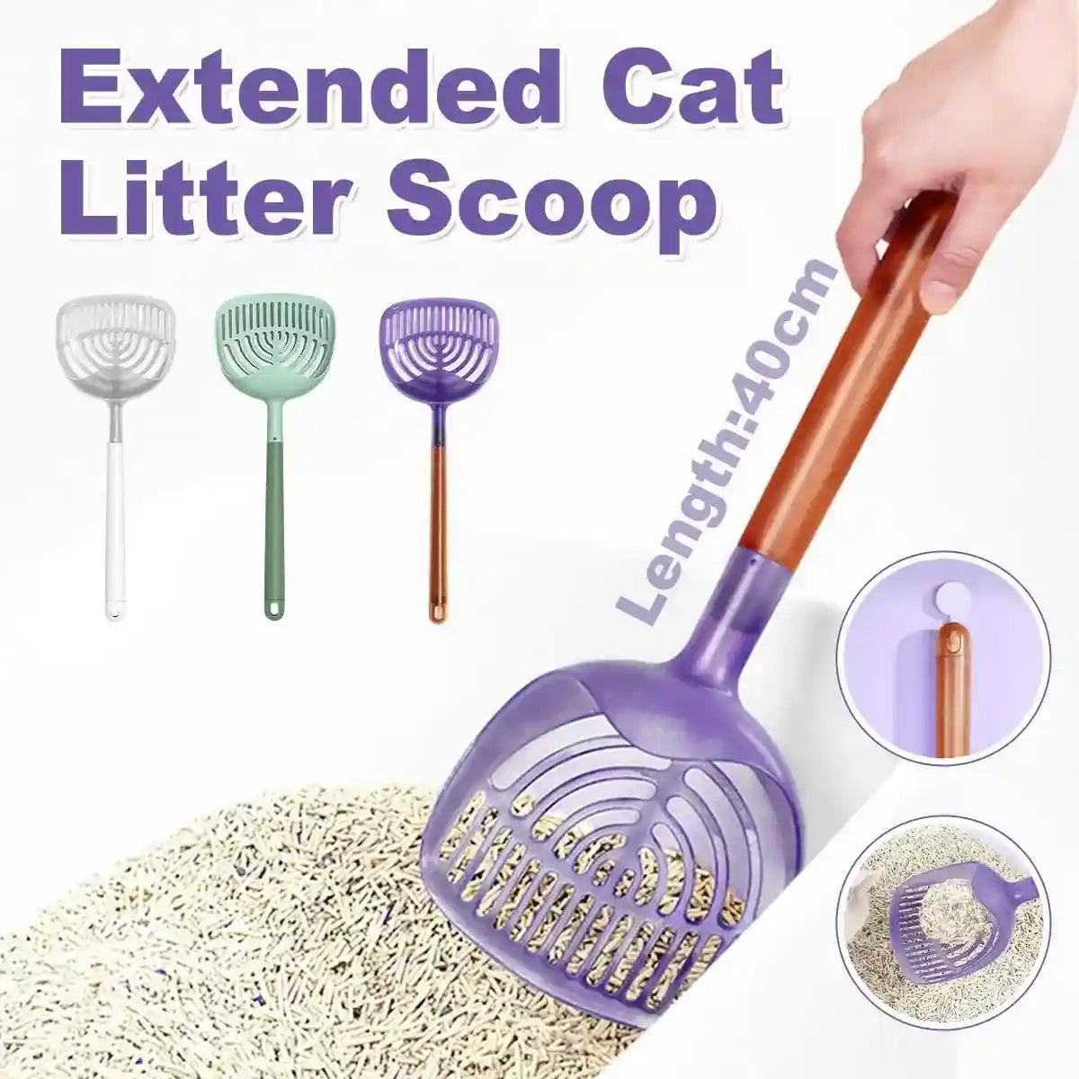Long Handle Cat Litter Scoop with Angled Head & Filter Holes