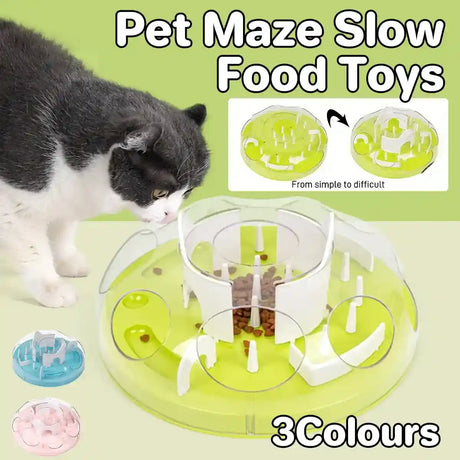 Slow feeder cat bowl with maze design and transparent lid for healthy pet eating