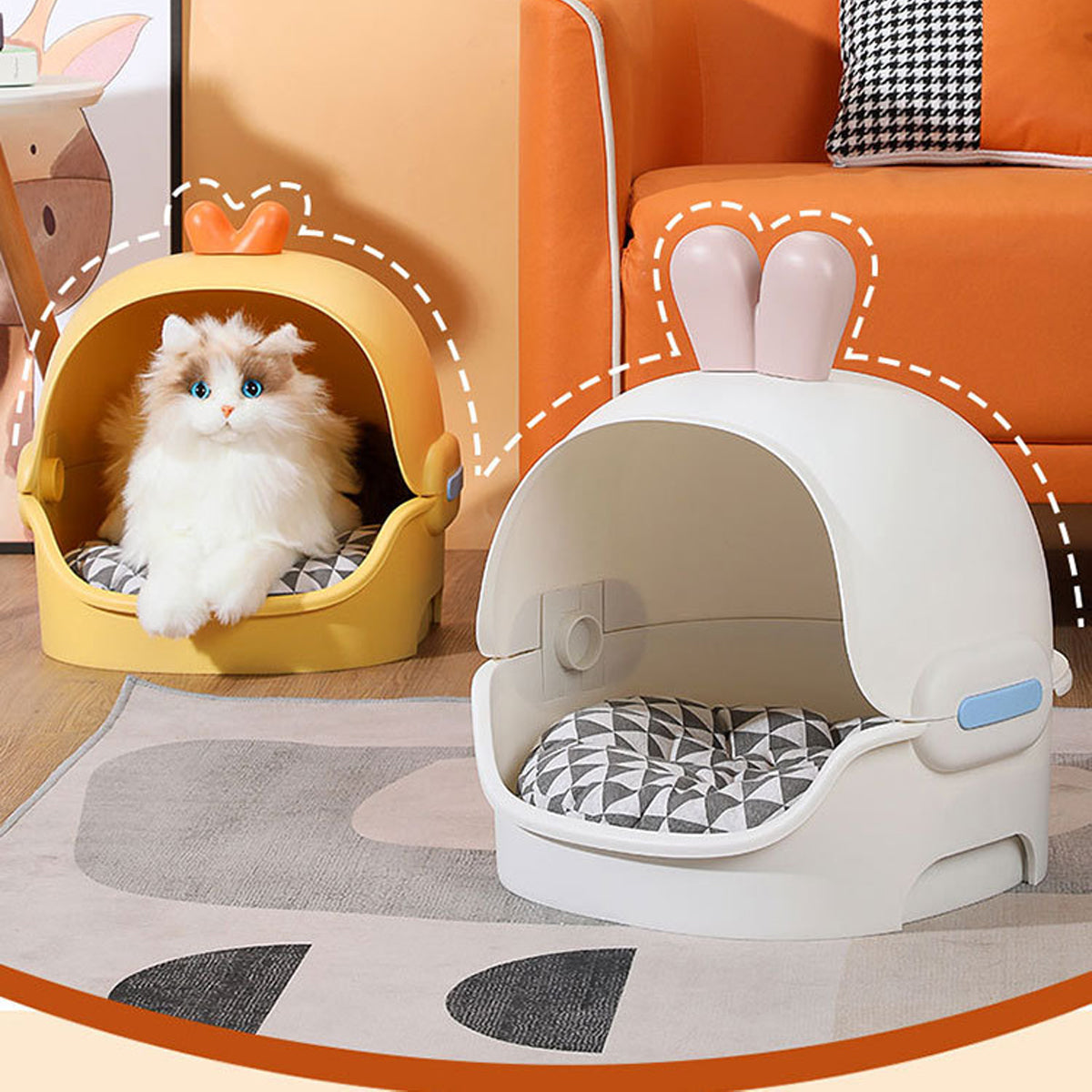 Semi-Enclosed Cat Bed With Cushion Duck Or Rabbit Design