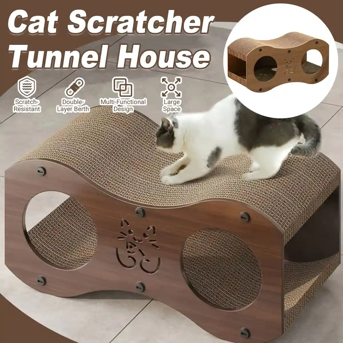 3-in-1 Cat Scratcher Tunnel House with Bed & Tunnel Walnut Colour