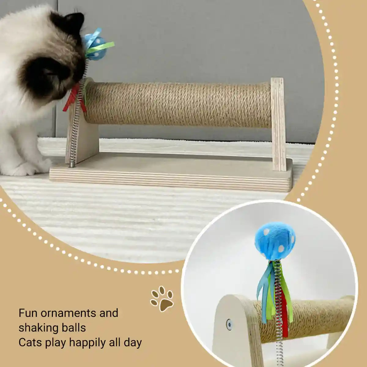 Compact Sisal Cat Scratching Post With Wooden Base and Toy Ball
