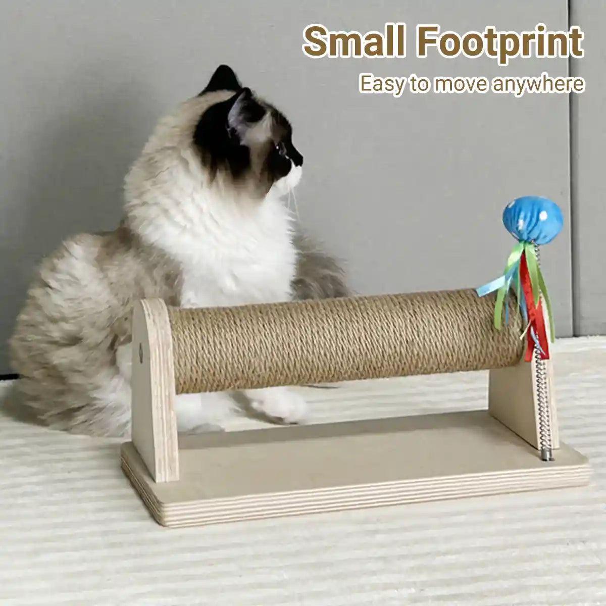 Compact Sisal Cat Scratching Post With Wooden Base and Toy Ball