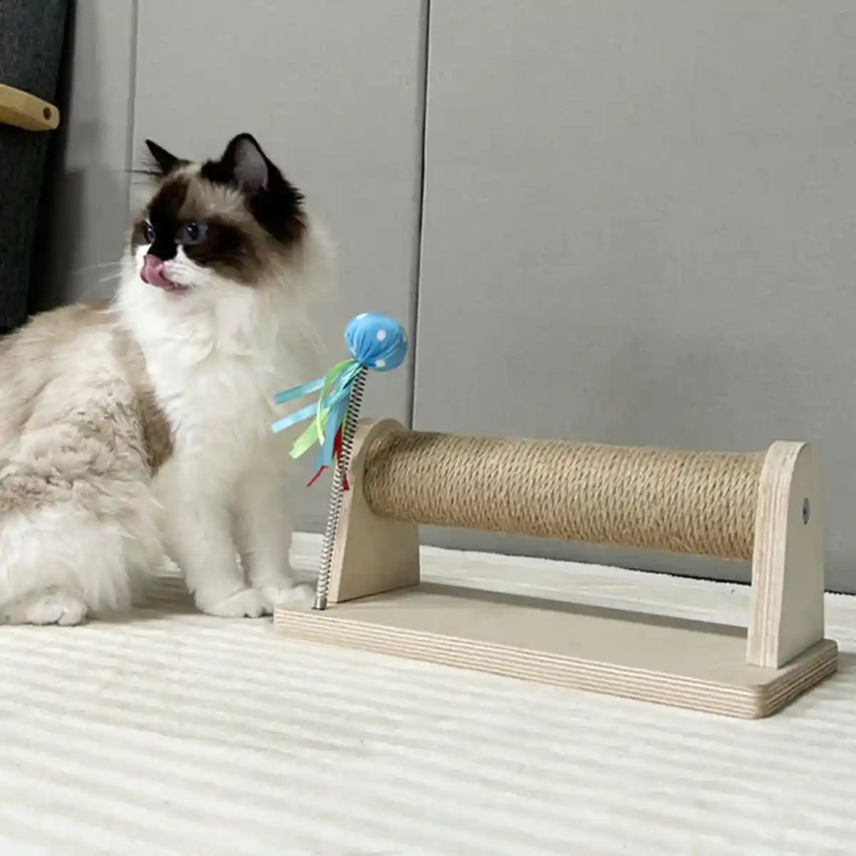 Compact Sisal Cat Scratching Post With Wooden Base and Toy Ball