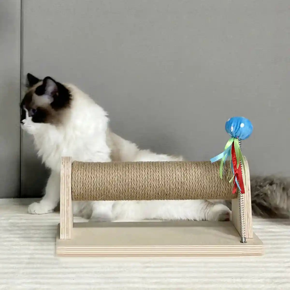 Compact Sisal Cat Scratching Post With Wooden Base and Toy Ball