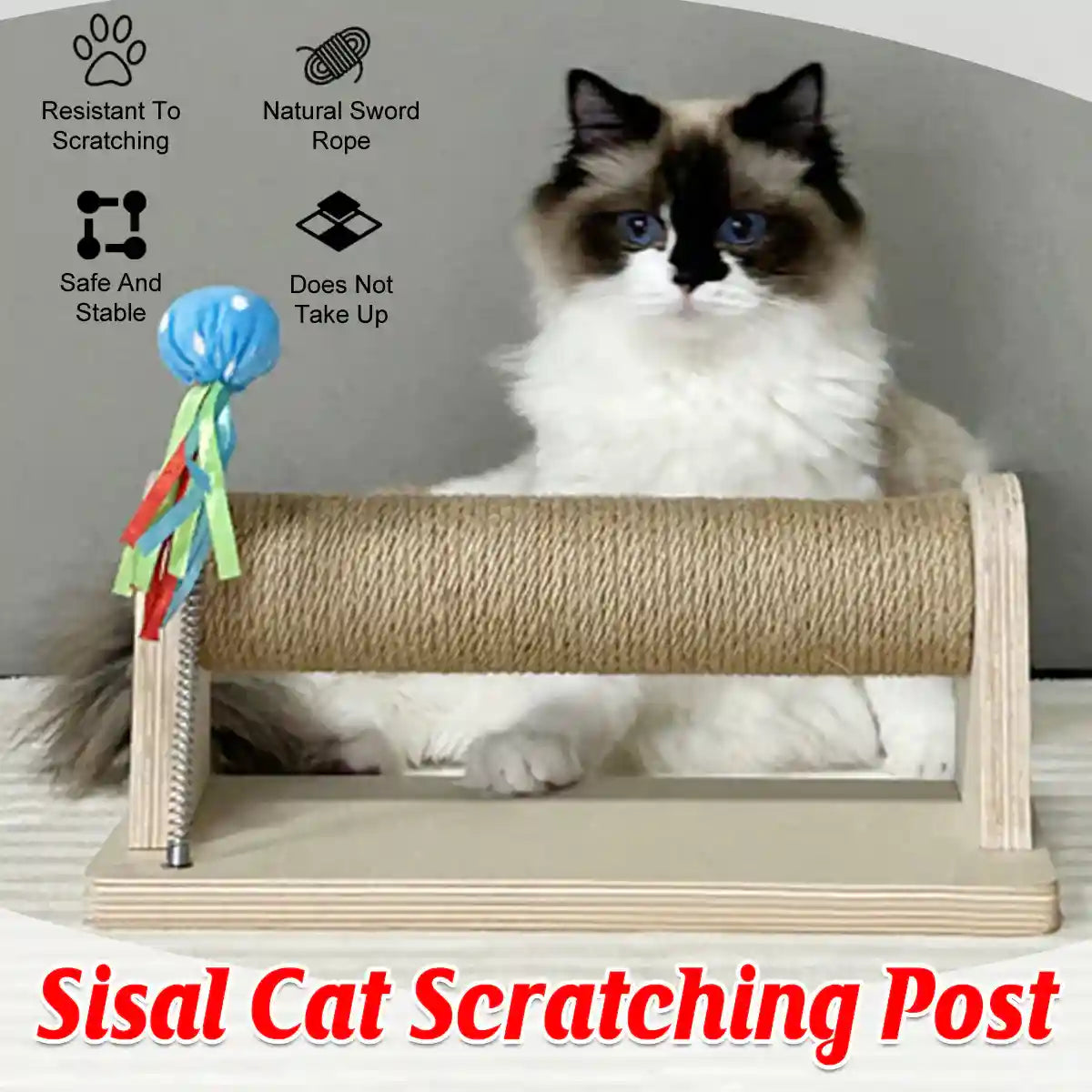 Compact Sisal Cat Scratching Post With Wooden Base and Toy Ball