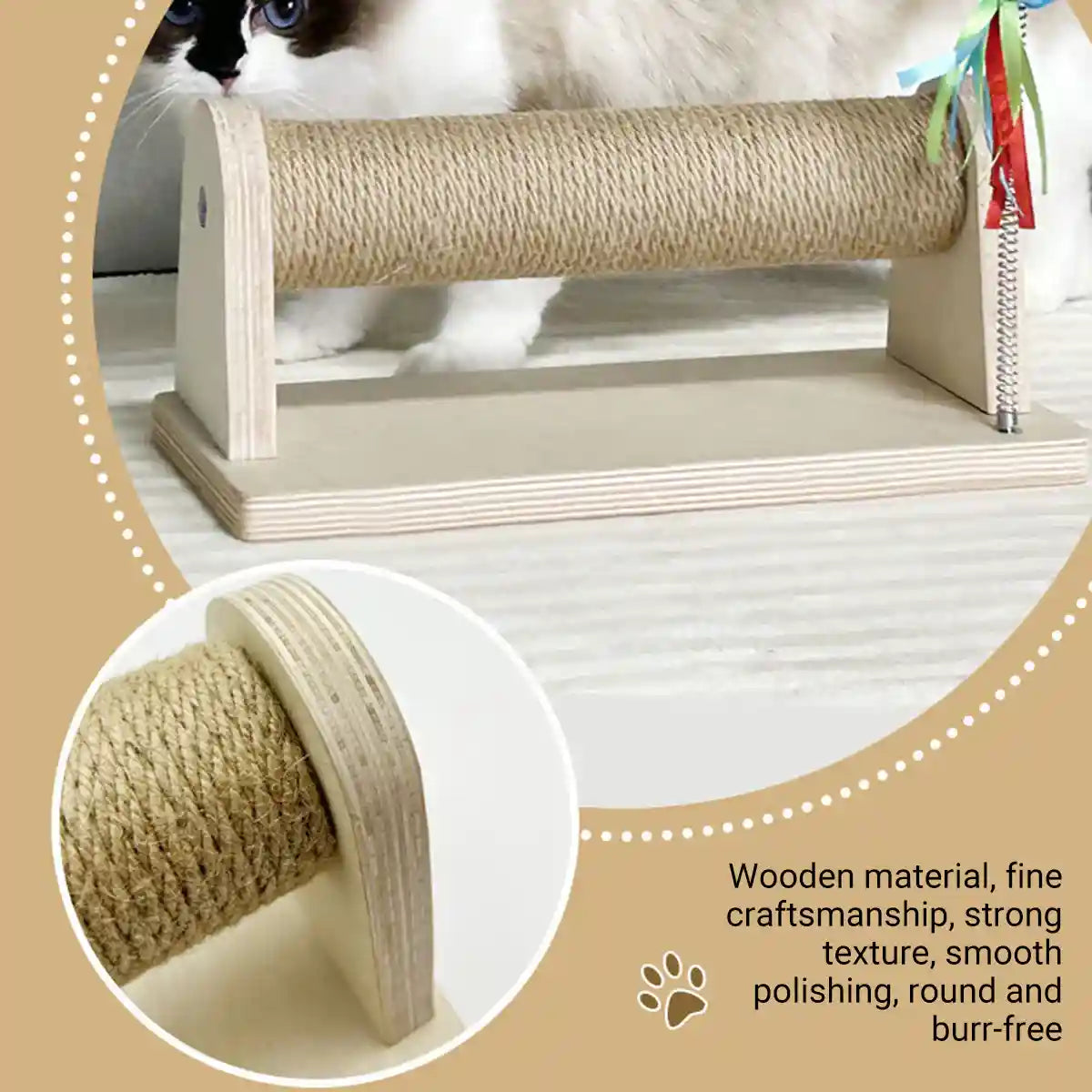 Compact Sisal Cat Scratching Post With Wooden Base and Toy Ball