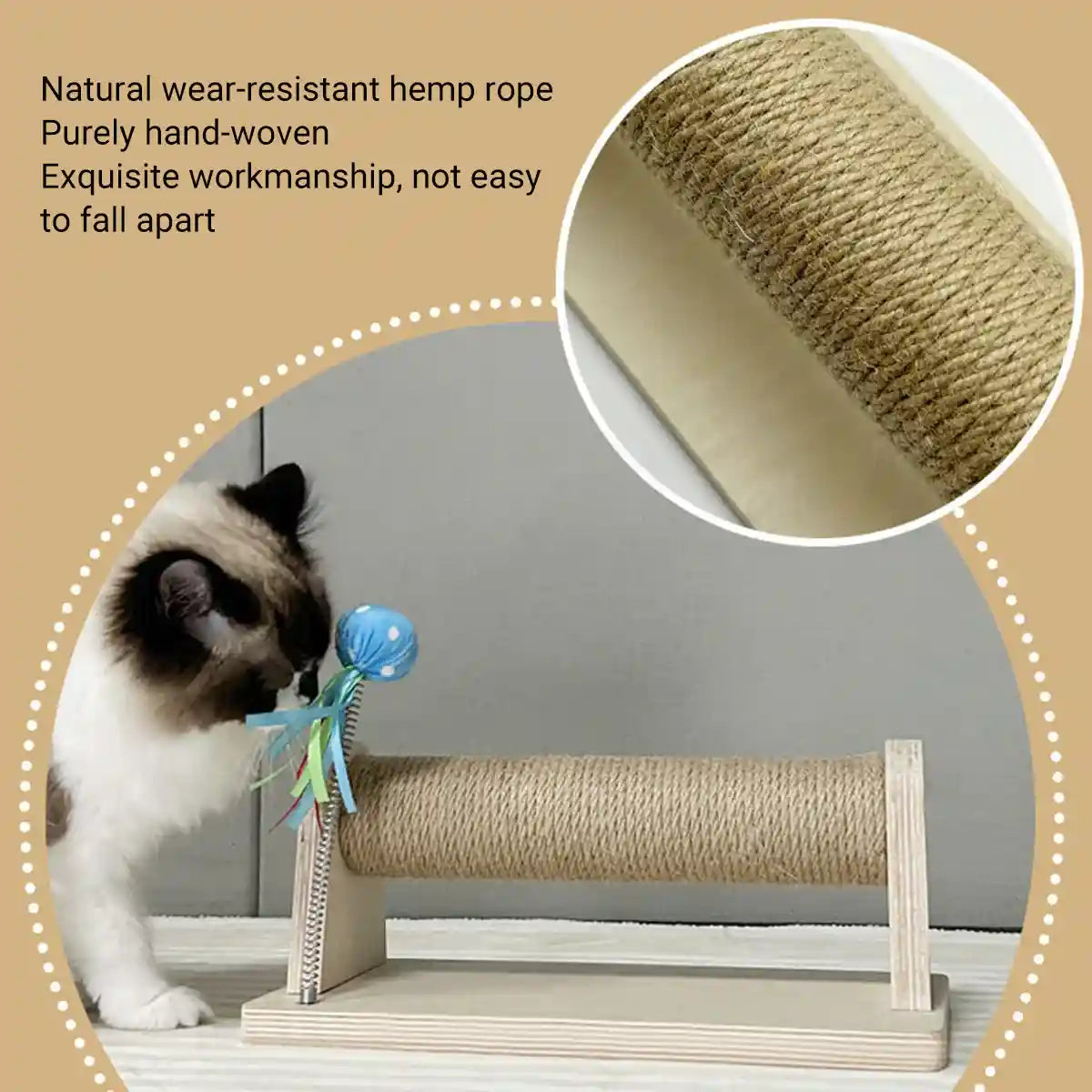 Compact Sisal Cat Scratching Post With Wooden Base and Toy Ball