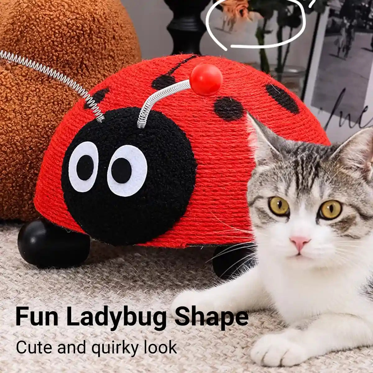 Ladybug Cat Scratching Post with Sisal Rope and Flannel Base
