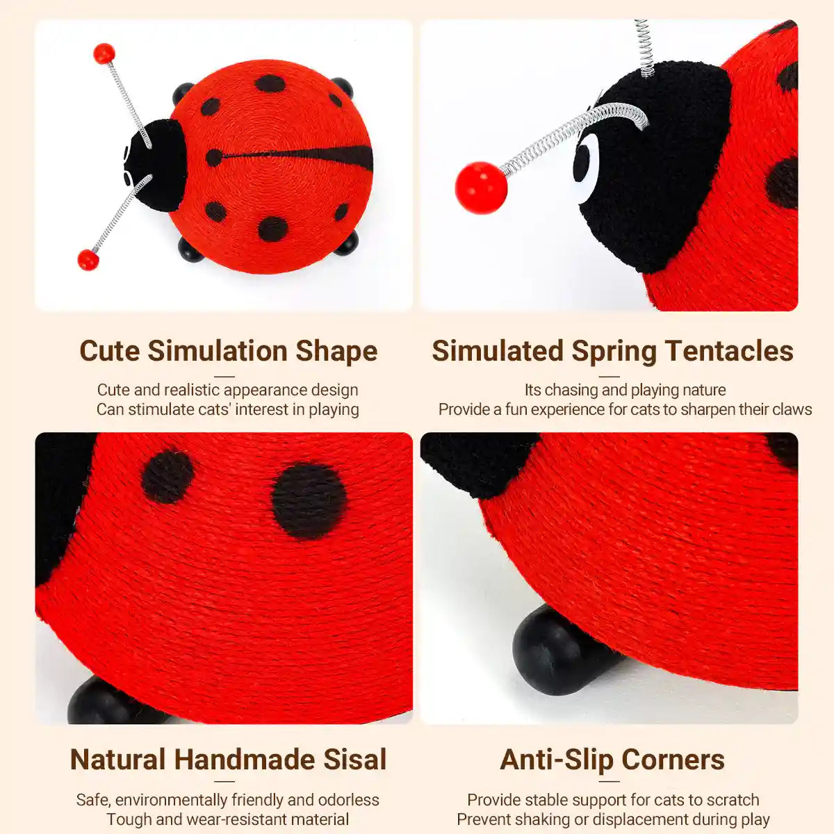 Ladybug Cat Scratching Post with Sisal Rope and Flannel Base