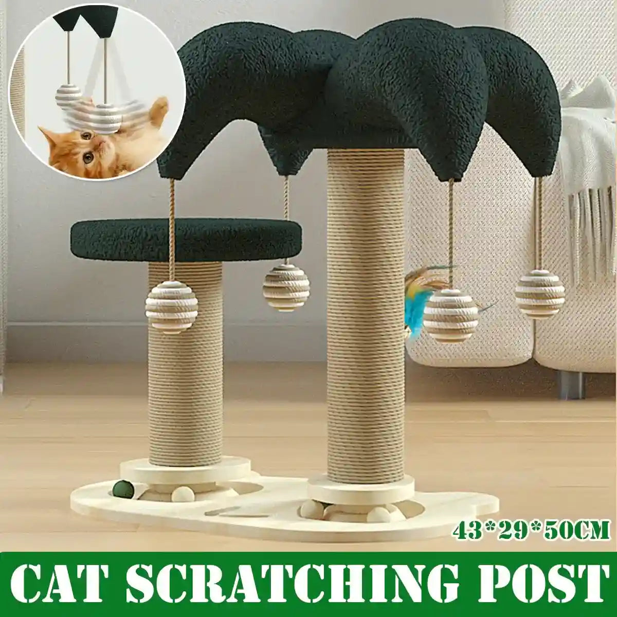 Cat Scratching Post with Teaser Stick & Turntable Sisal & Wood Base