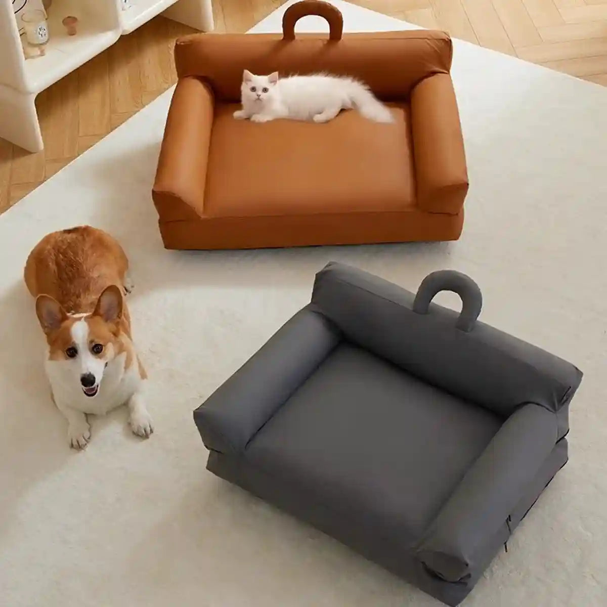 Waterproof PU Leather Dog Sofa Bed with Double Pillows