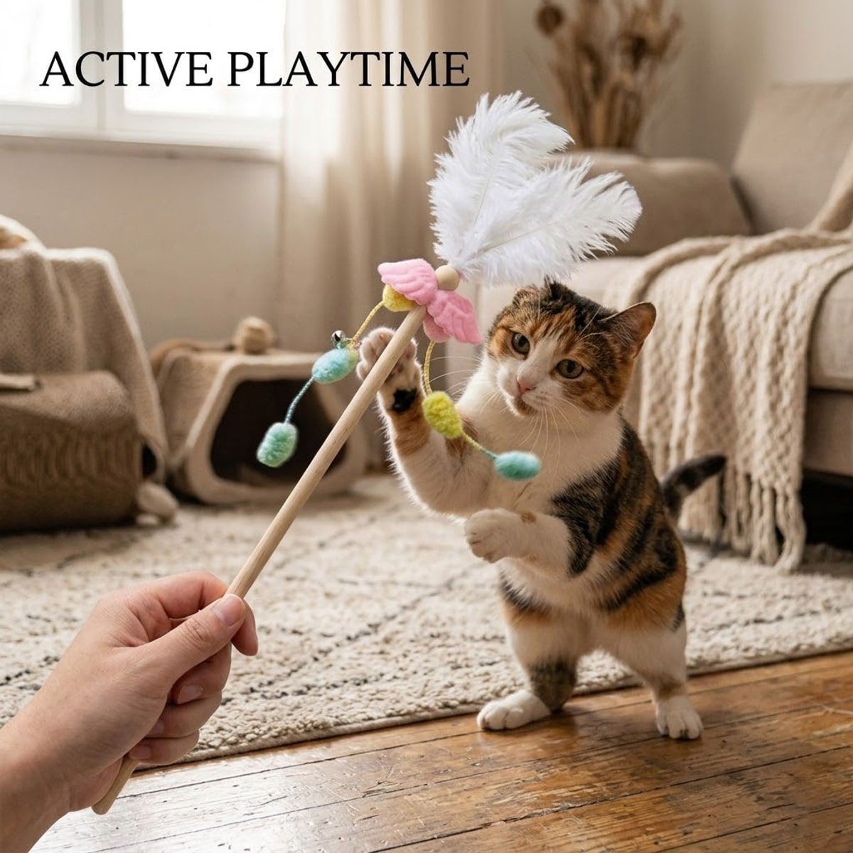 58cm Feather Cat Wand with Dangling Toys