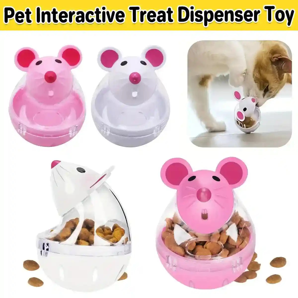 Interactive cat treat dispenser in a fun mouse shape, designed for slow feeding and engaging play.