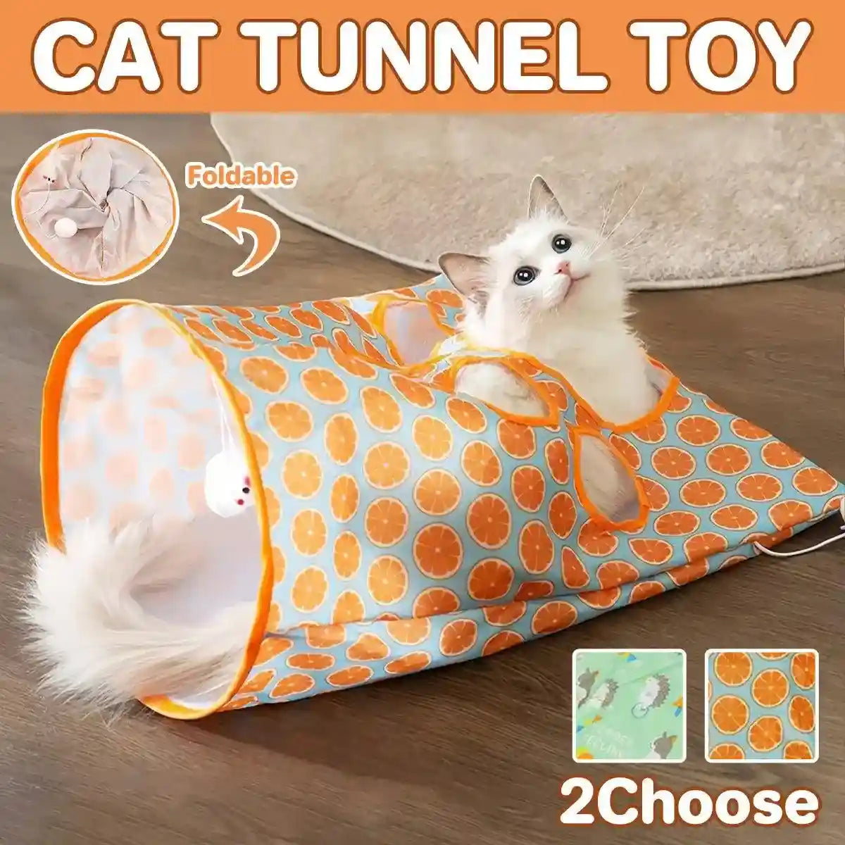 Foldable cat play tunnel with peek holes, crinkle sound, and plush hanging balls.