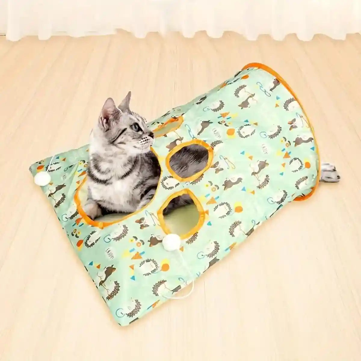 Interactive Foldable Cat Play Tunnel Crinkle Peek Holes & Hanging Balls