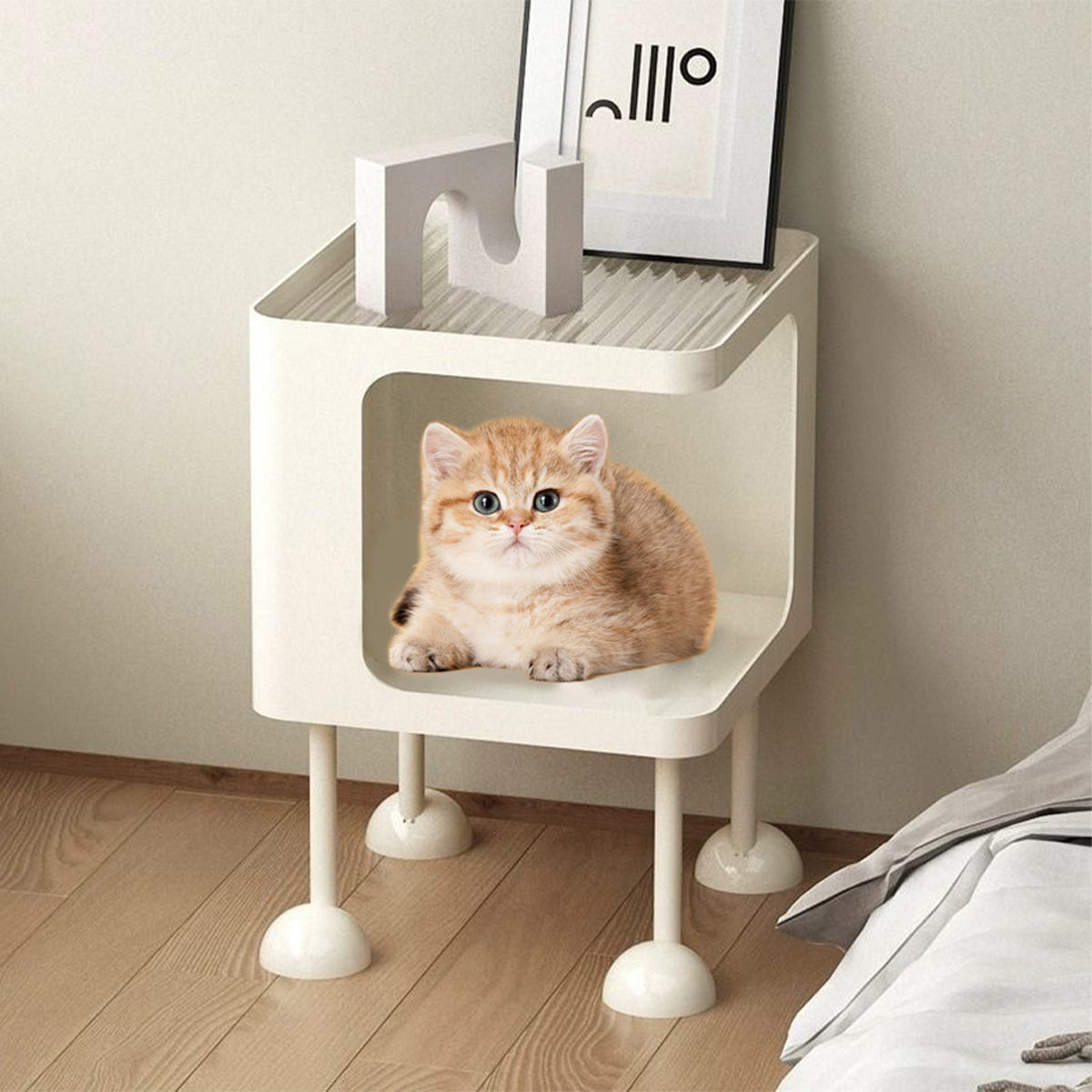 Cat Bedside Table Modern Nightstand with Cat House & Storage