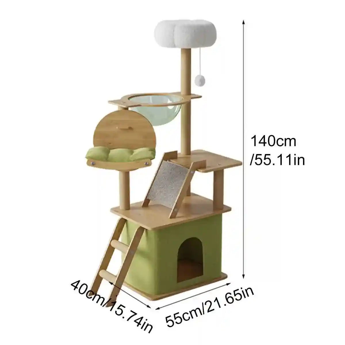 Stylish Wooden Cat Tower with Lounge Capsule and Scratching Ramp