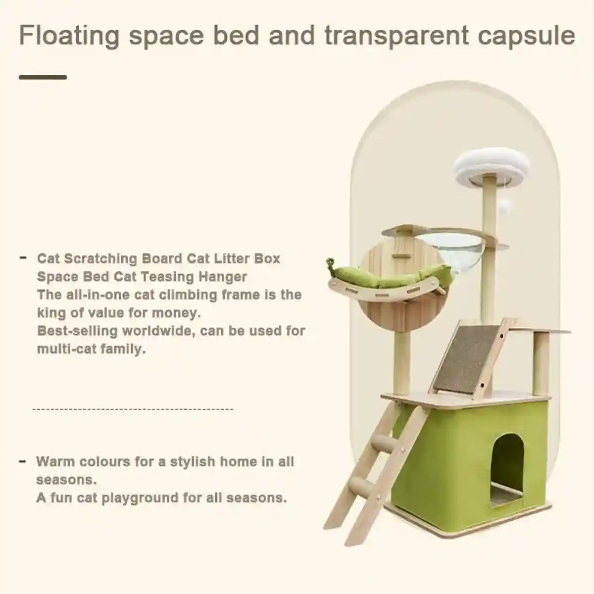 Stylish Wooden Cat Tower with Lounge Capsule and Scratching Ramp