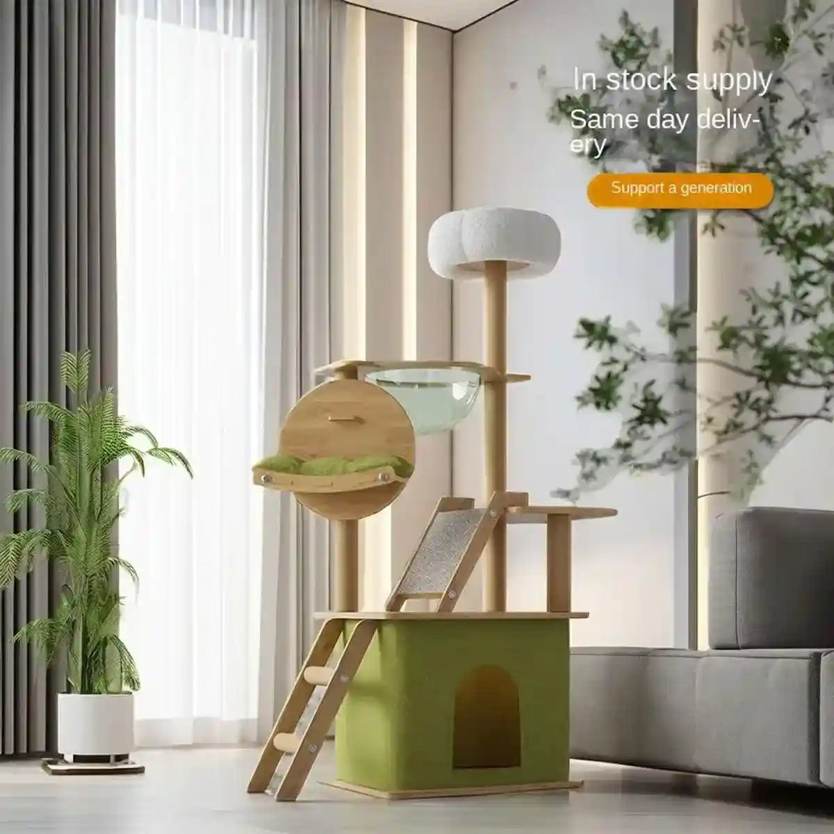 Stylish Wooden Cat Tower with Lounge Capsule and Scratching Ramp