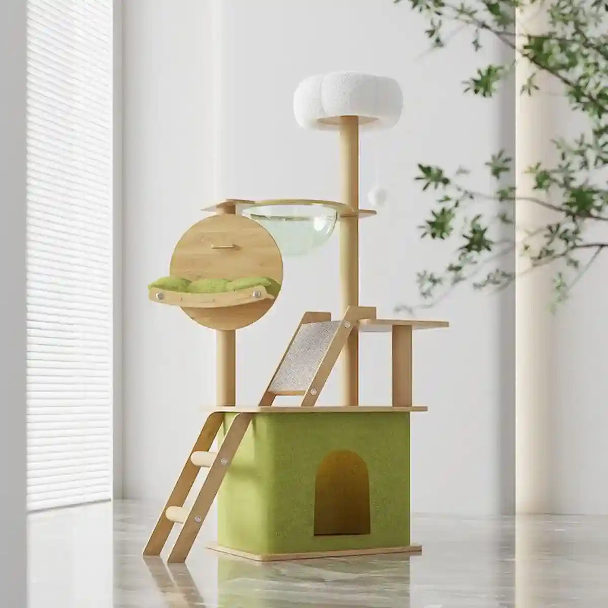 Stylish Wooden Cat Tower with Lounge Capsule and Scratching Ramp