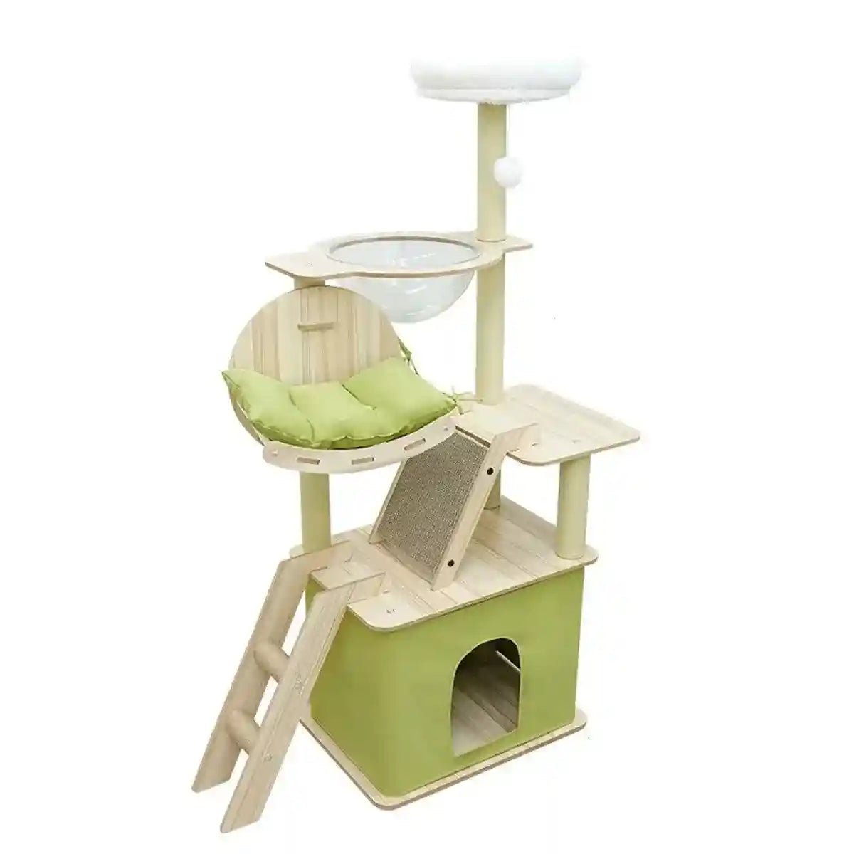 Stylish Wooden Cat Tower with Lounge Capsule and Scratching Ramp