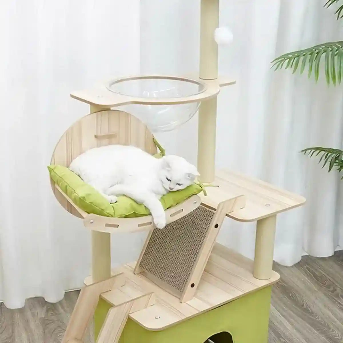 Stylish Wooden Cat Tower with Lounge Capsule and Scratching Ramp