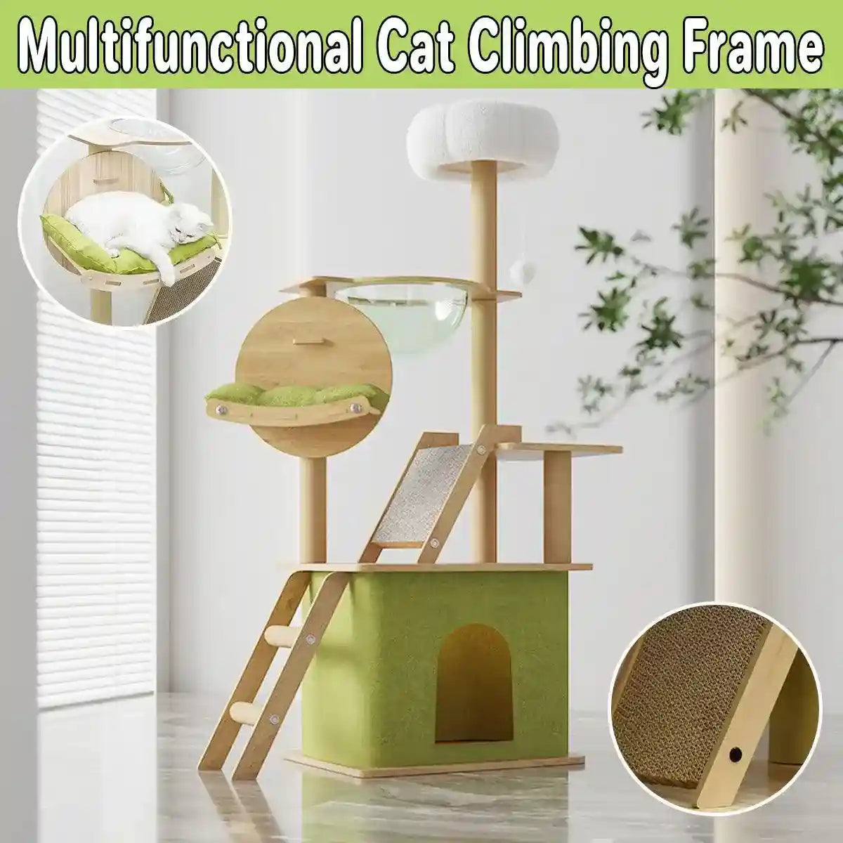 cat tower with capsule lounge and scratch ramp