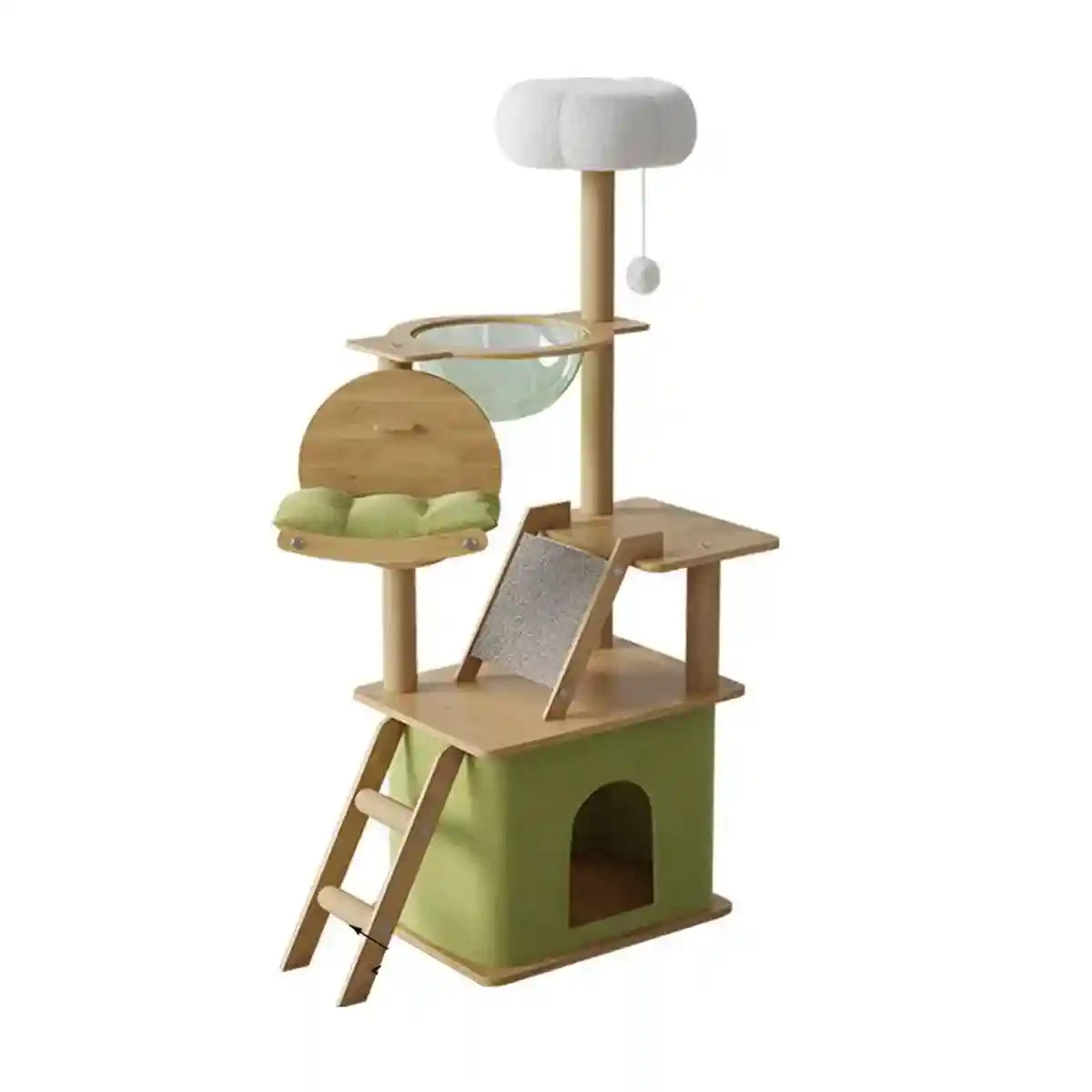 Stylish Wooden Cat Tower with Lounge Capsule and Scratching Ramp