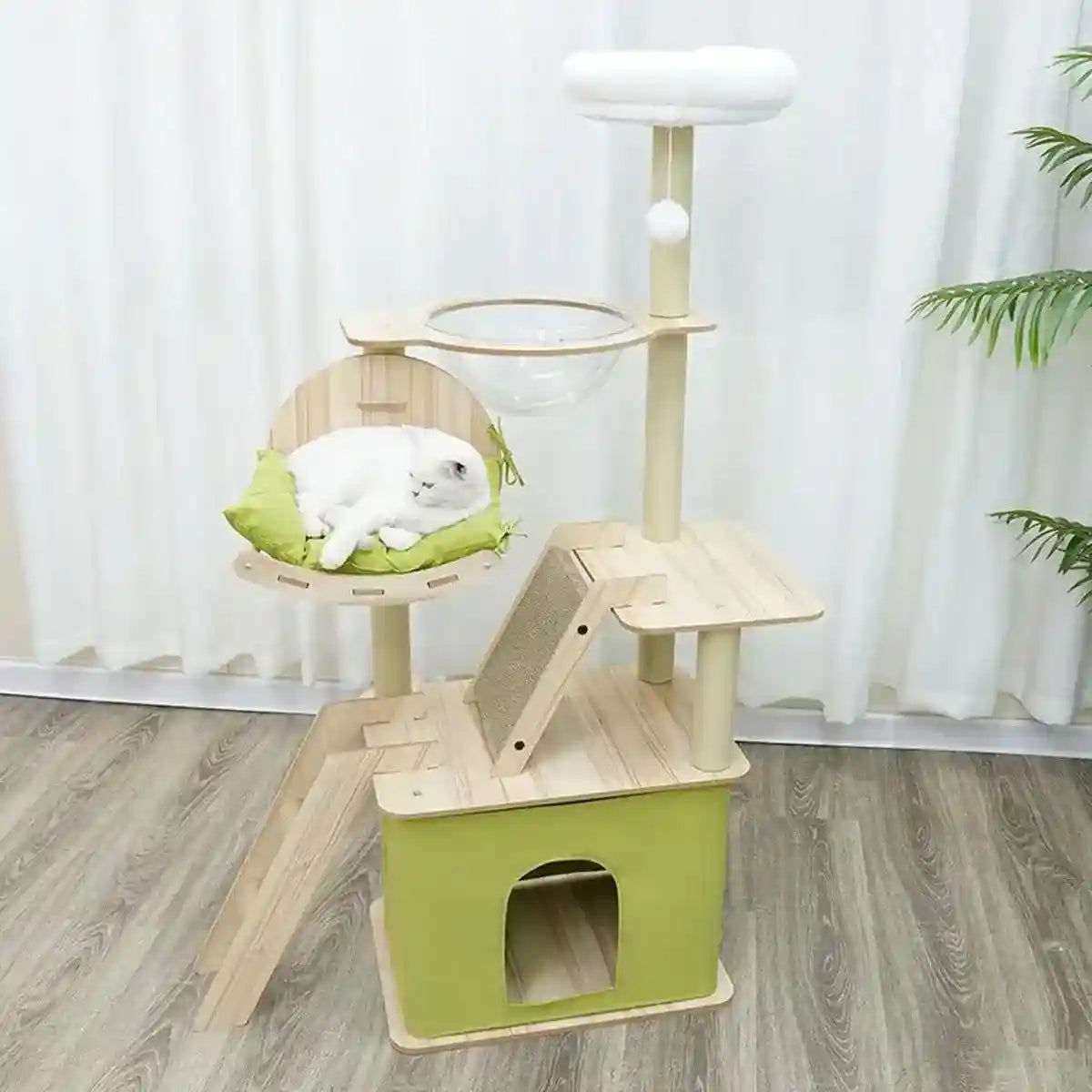 Stylish Wooden Cat Tower with Lounge Capsule and Scratching Ramp