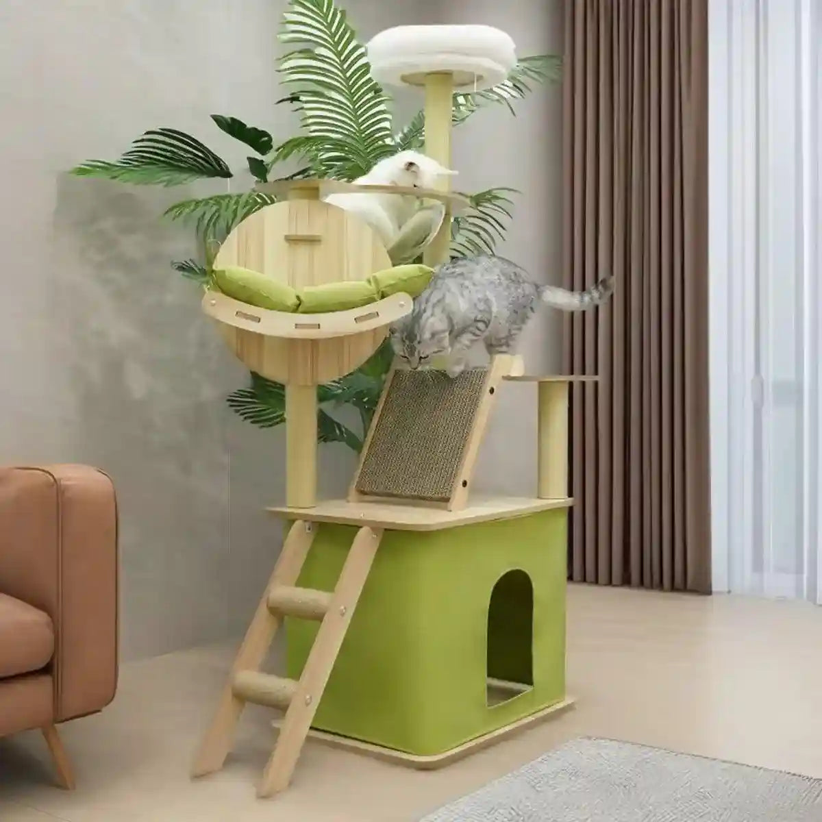 Stylish Wooden Cat Tower with Lounge Capsule and Scratching Ramp