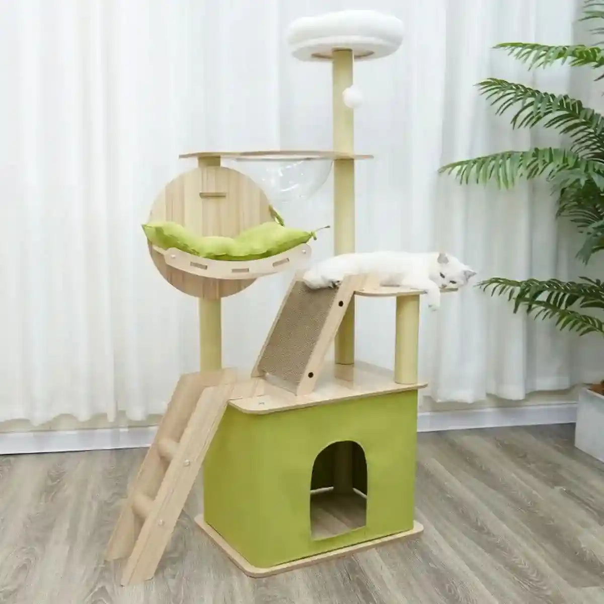 Stylish Wooden Cat Tower with Lounge Capsule and Scratching Ramp