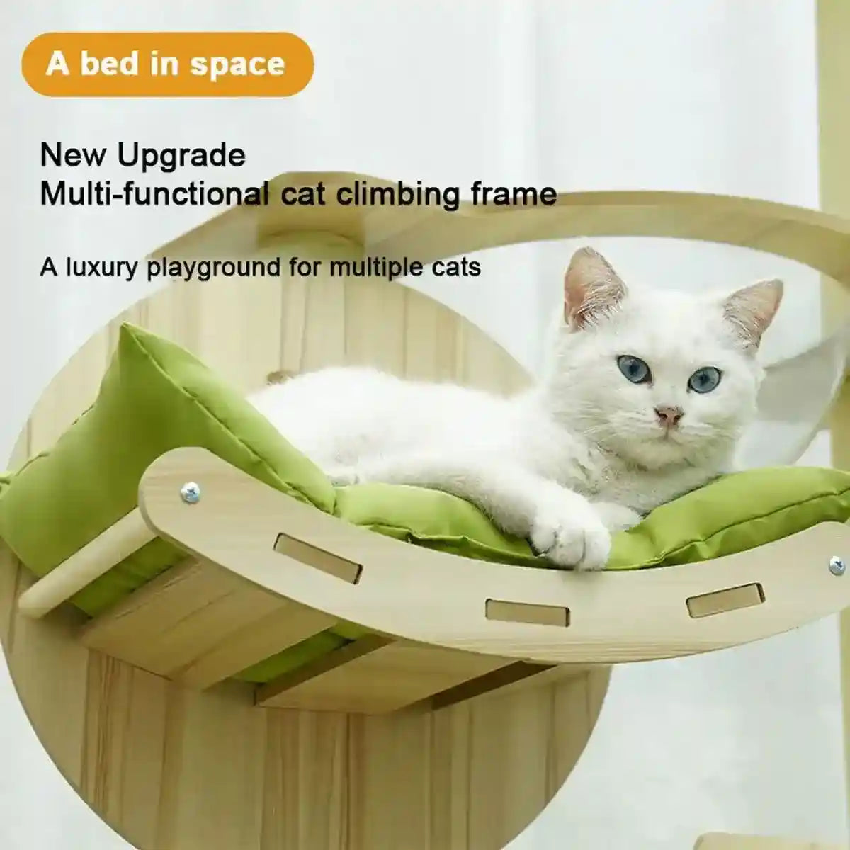 Stylish Wooden Cat Tower with Lounge Capsule and Scratching Ramp
