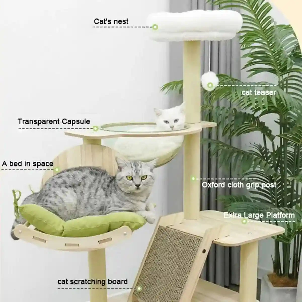 Stylish Wooden Cat Tower with Lounge Capsule and Scratching Ramp