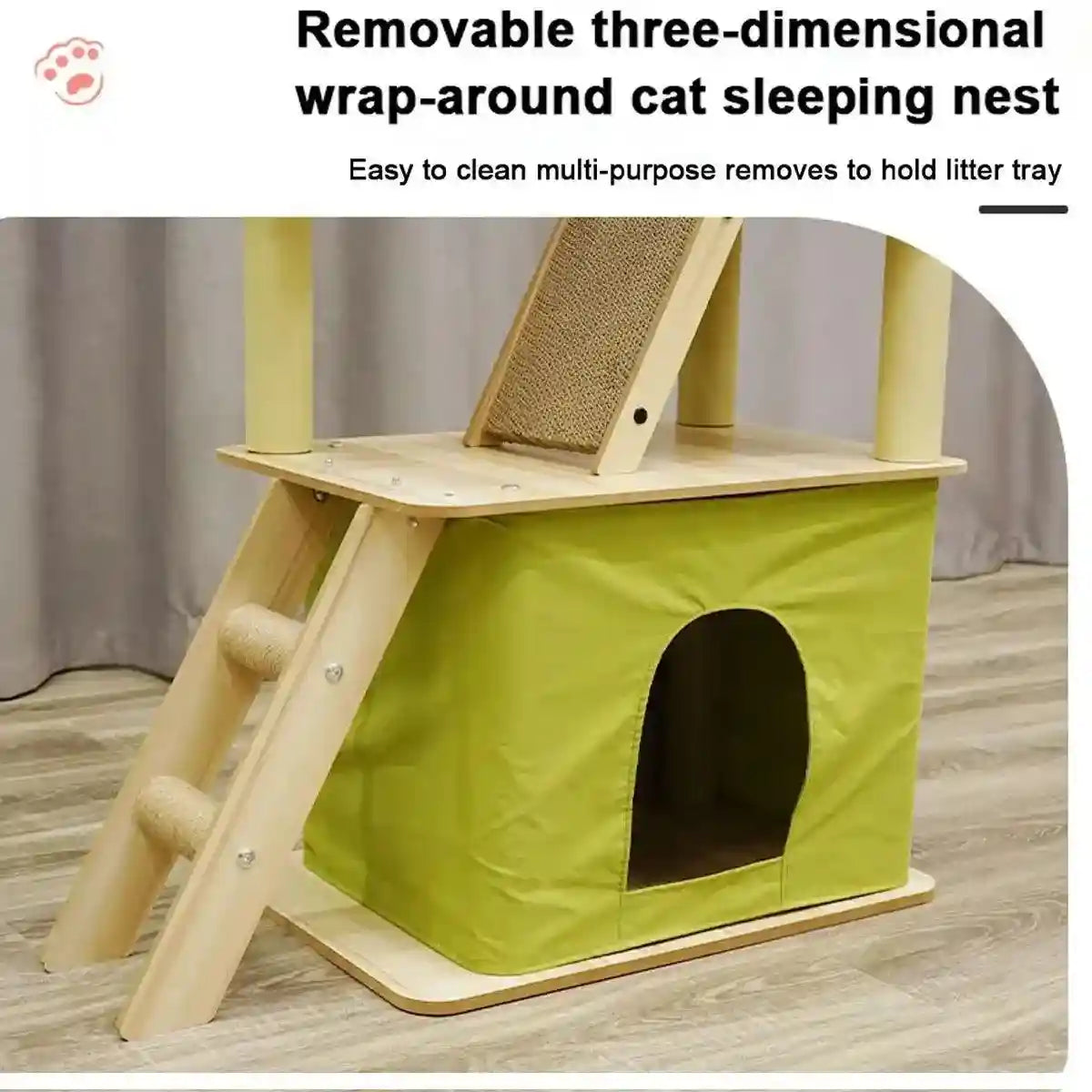 Stylish Wooden Cat Tower with Lounge Capsule and Scratching Ramp